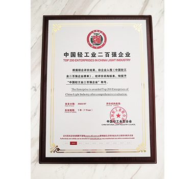 波顿集团荣获“中国轻工业二百强企业”称号